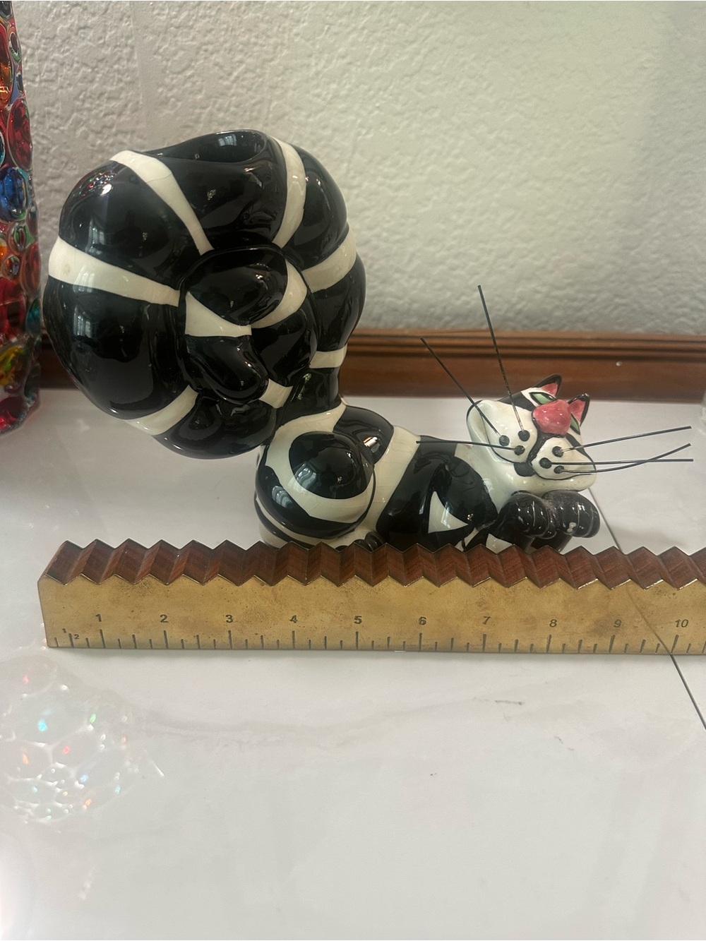 Black & White Striped Ceramic Cat candle holder